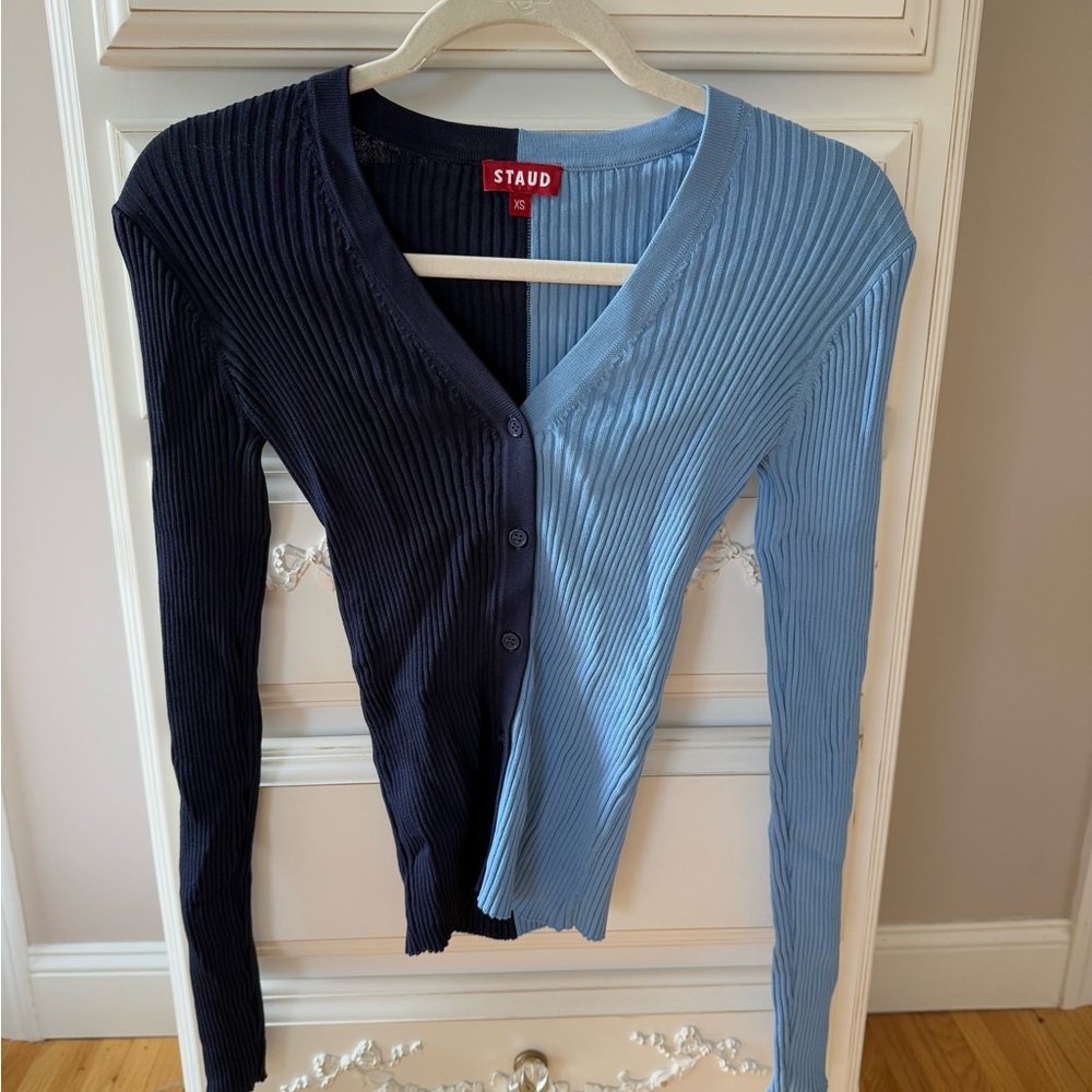 STAUD - navy & sky blue knit color block sweater - size XS - Brand new